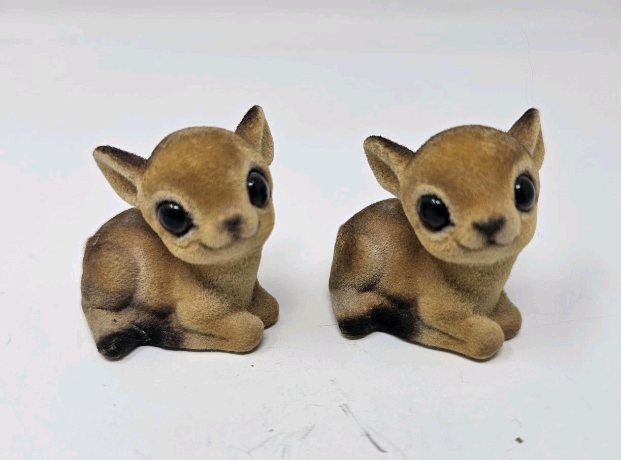 Vintage Parma by AAI Flocked Sitting Deer Fawns Made In Japan Glass Eyes Lot 2