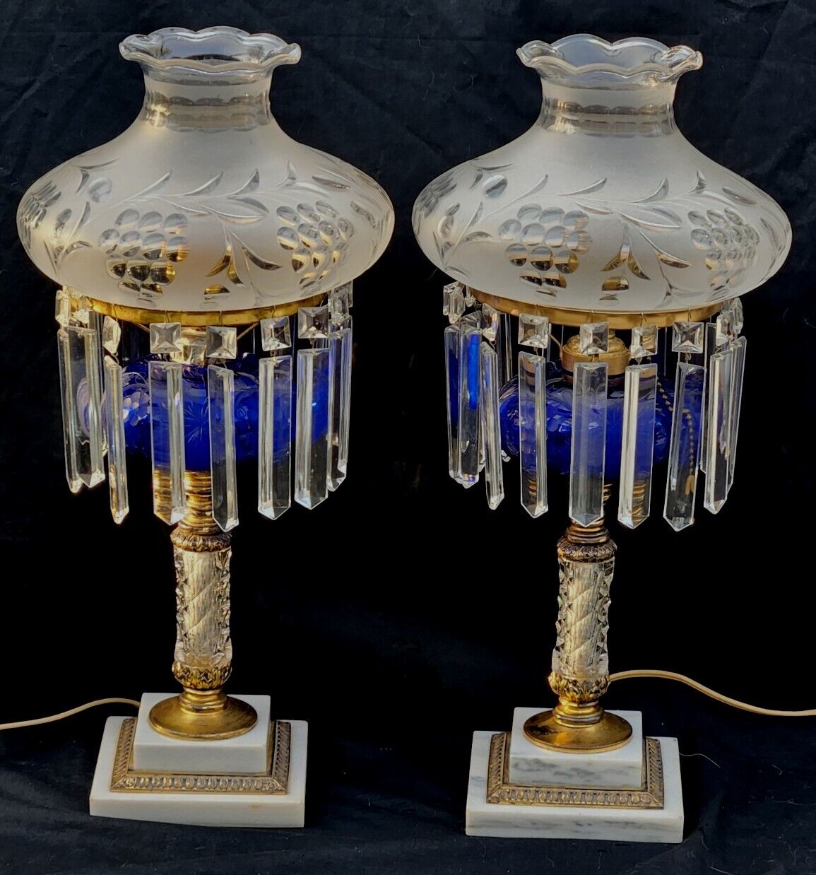 Rare Stunning Pairpoint Sinumbra Fashioned Cut Colbalt Blue Crystal Glass Lamps 