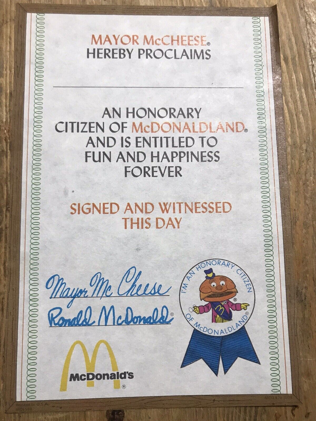 5 pack of 1970s McDonald’s Honorary Citizen of McDonaldland Certificate