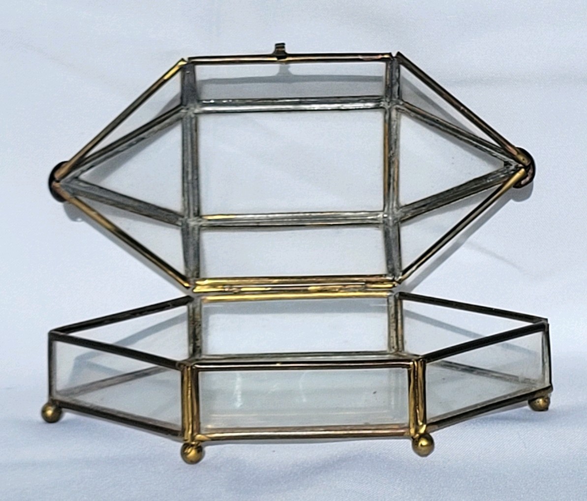 Vintage Brass Glass Hexagon Jewelry Trinket Box Footed Domed Lid Display Casket