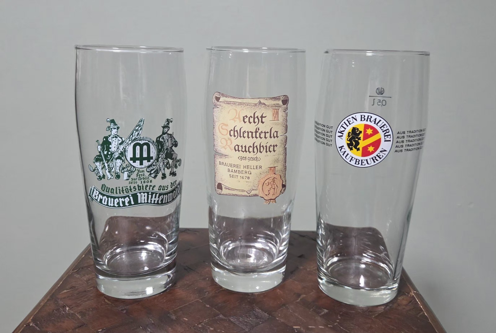 3 German Beer Glasses 0.5 Liter Brauerei Mittenwald Aktien Aecht Schlenkerla