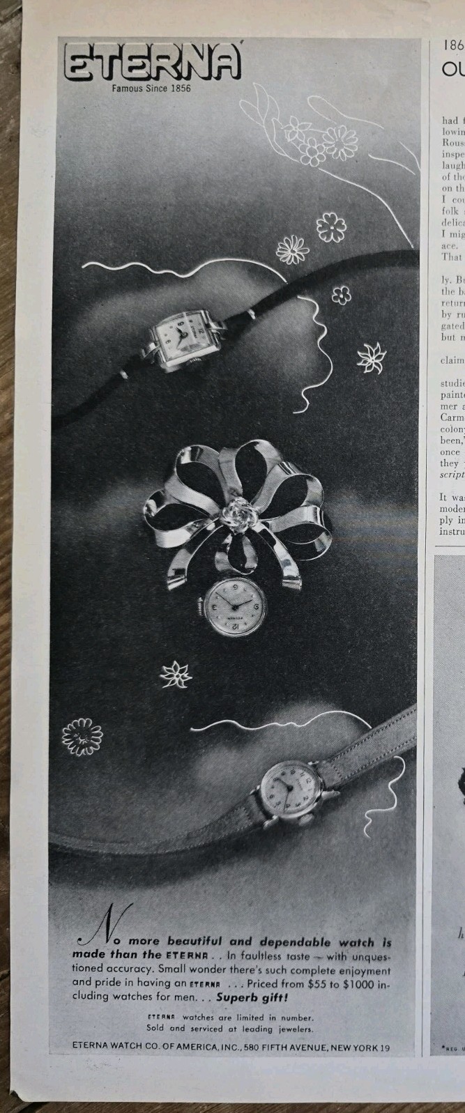  1945 Eterna Ladies men\'s wristwatches lapel watch Vintage Jewelry Ad
