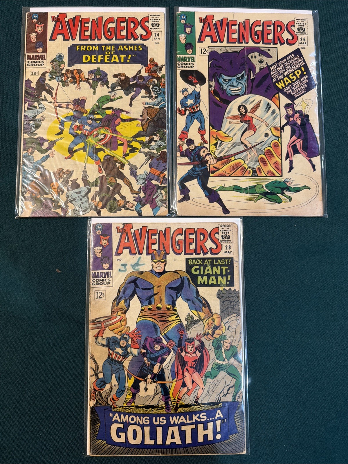 Avengers 24 26 28 Early Silver Avengers - Low Grade Wasp Goliath