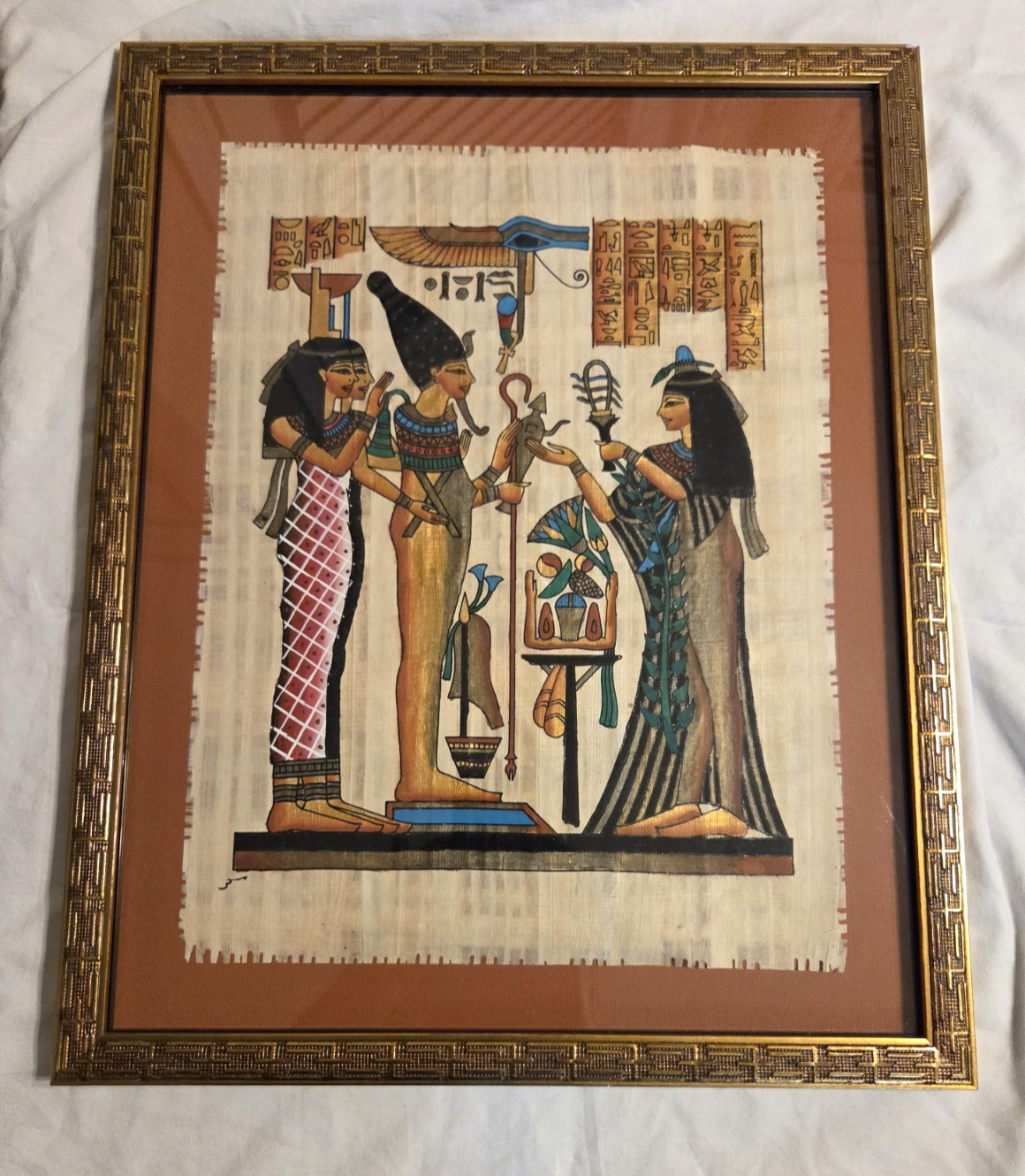 Vintage Excuisite Framed Egyptian Papyrus Painting - 19' x 15.5' Signed