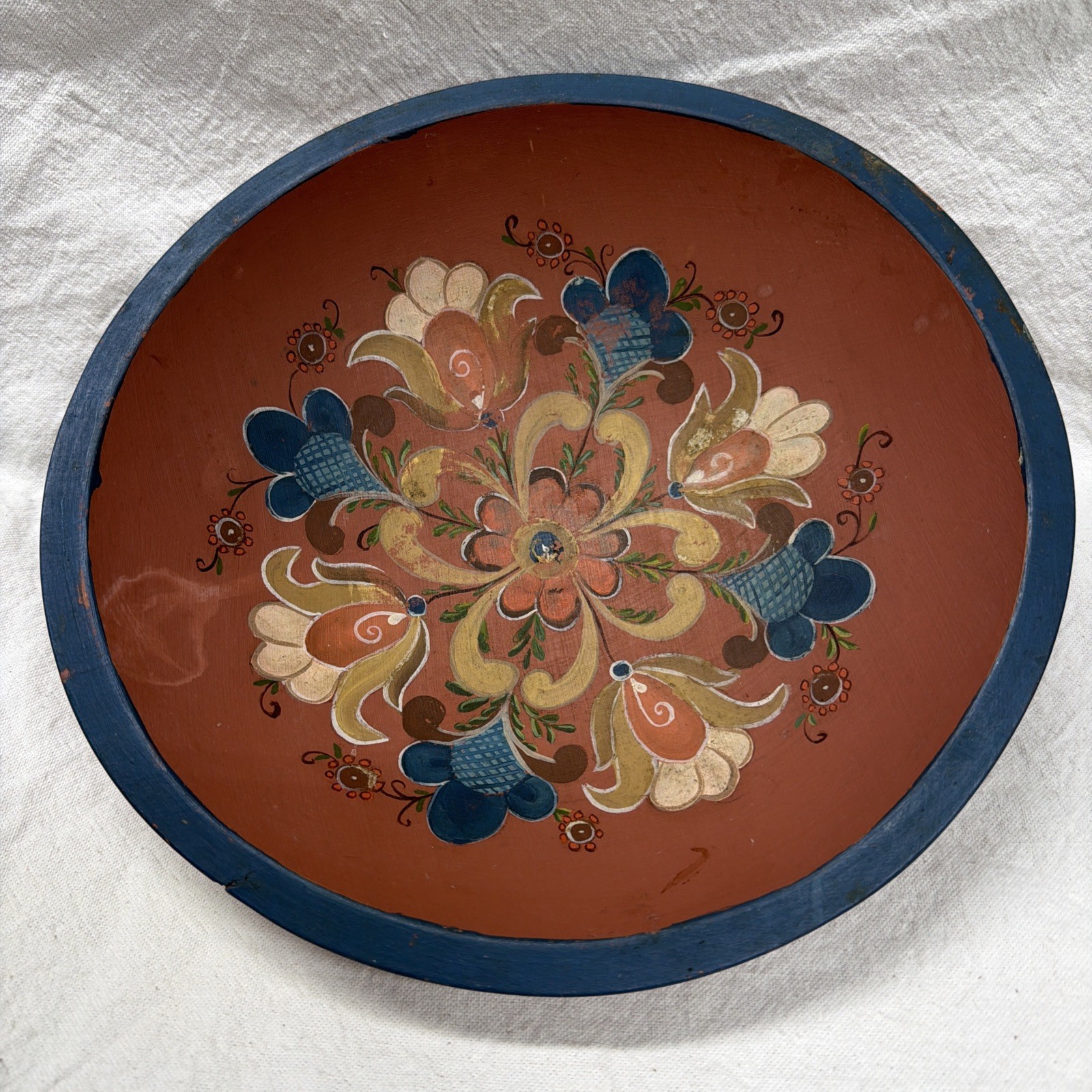 Vintage Scandinavian Hand Painted Wood Bowl Folk Art 11” Floral Unsigned 