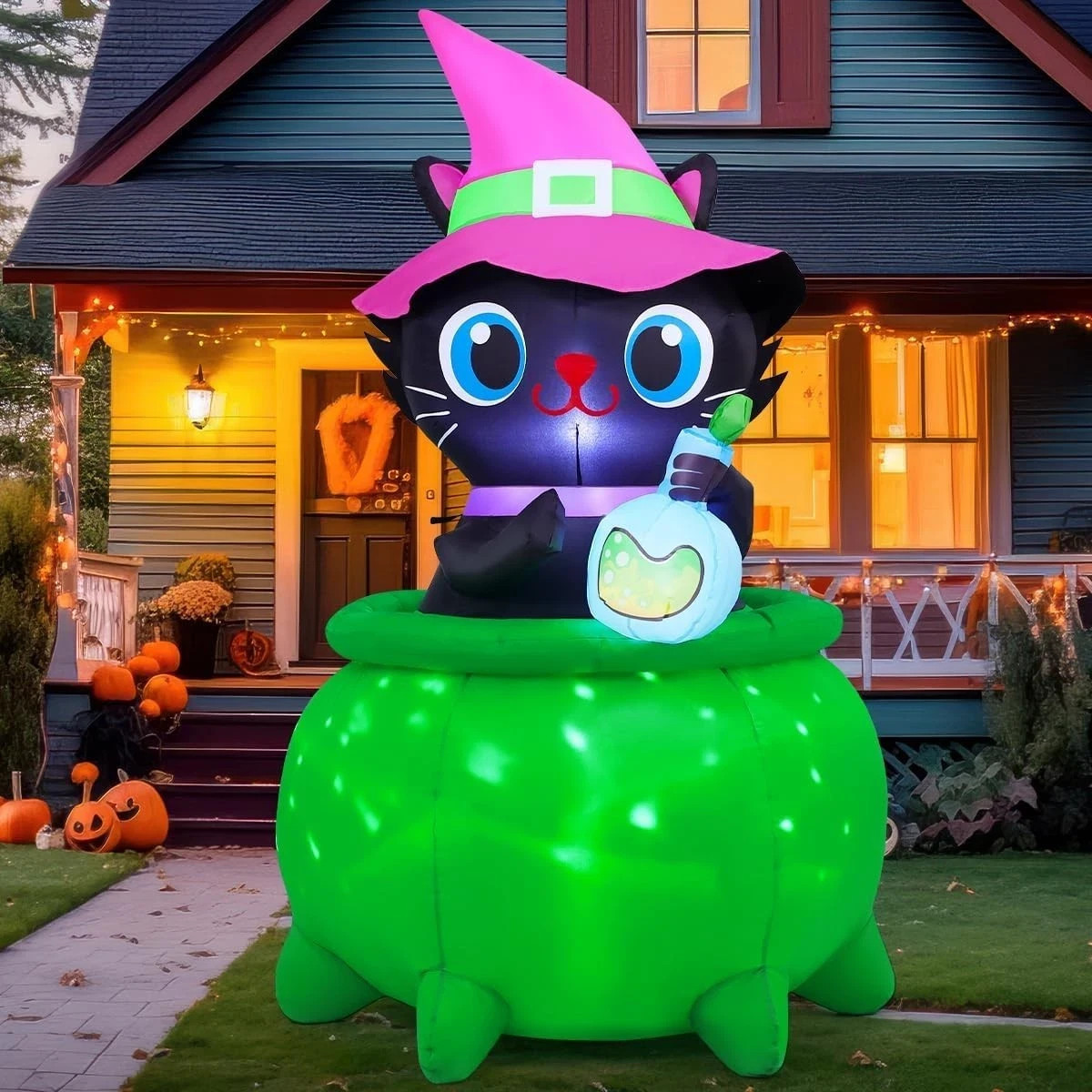 6 FT Halloween Inflatables Cat with Witch Cauldron Decoration Blow up Yard Decor