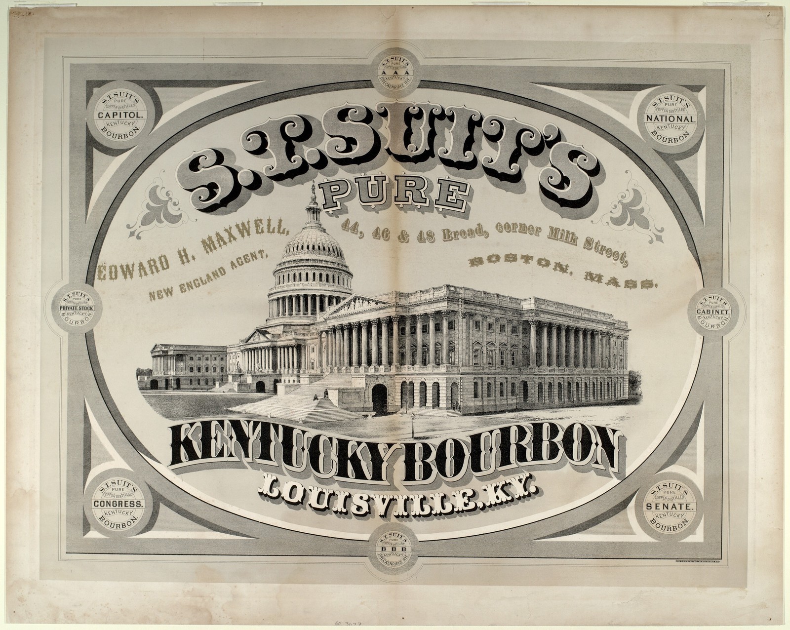 S.T. Suit's Pure Kentucky Bourbon Vintage 1870s Capitol Building Reprint Wall Ar