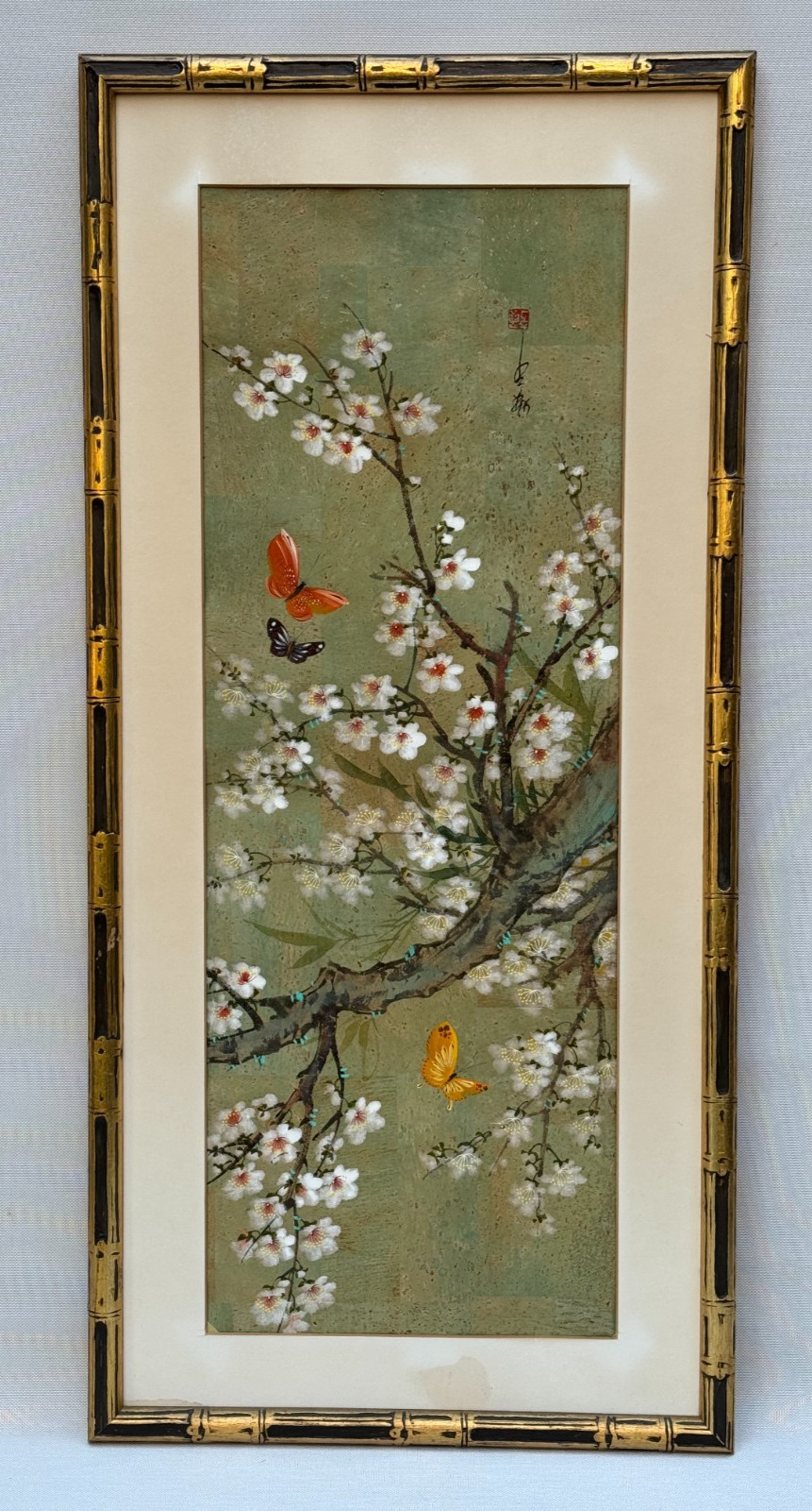 VINTAGE ASIAN CHINESE PAINTING BUTTERFLIES AMONG CHERRY BLOSSOMS LARGE FRAMED 