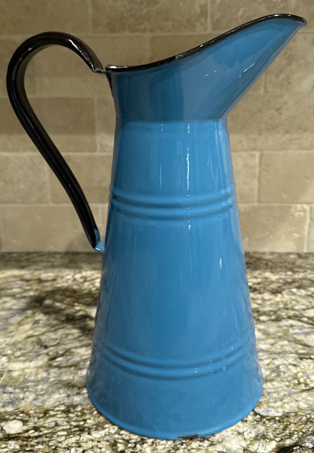 Tall Vintage French Blue Enamel Pitcher 12\