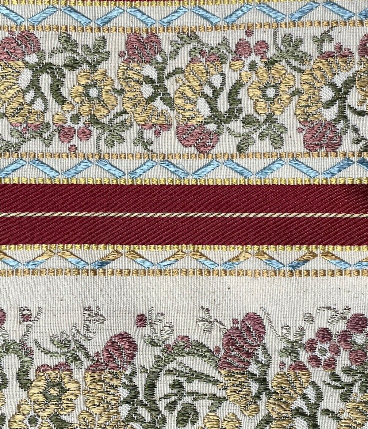 Antique French Silk Floral Stripe Fabric Lampas Lisere Brocade 1900s 56\