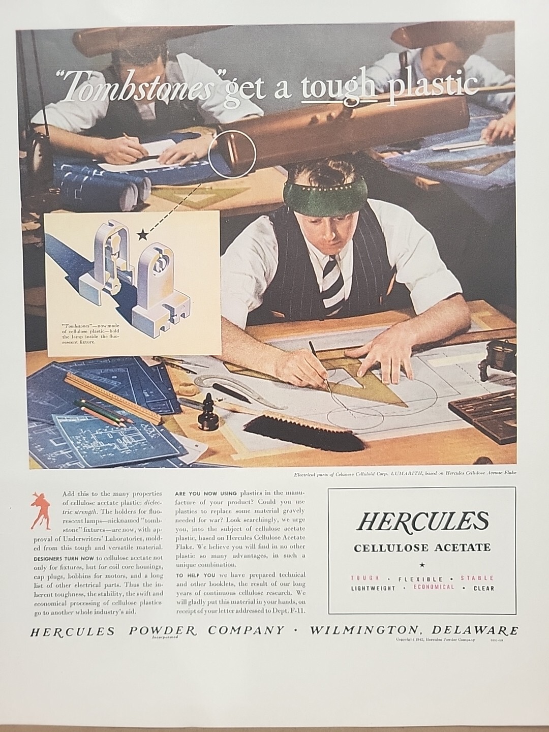 1942 Hercules Cellulose Acetate Fortune WW2 Print Ad Q4 Tombstones Plastic