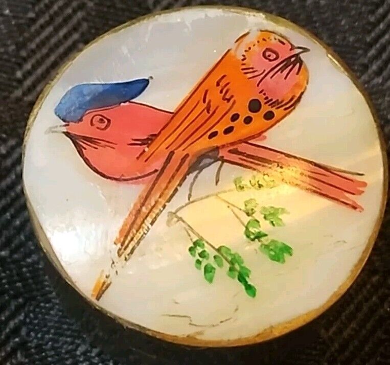 Handpainted Birds On Mother Of Pearl Brass Pill Snuff Box