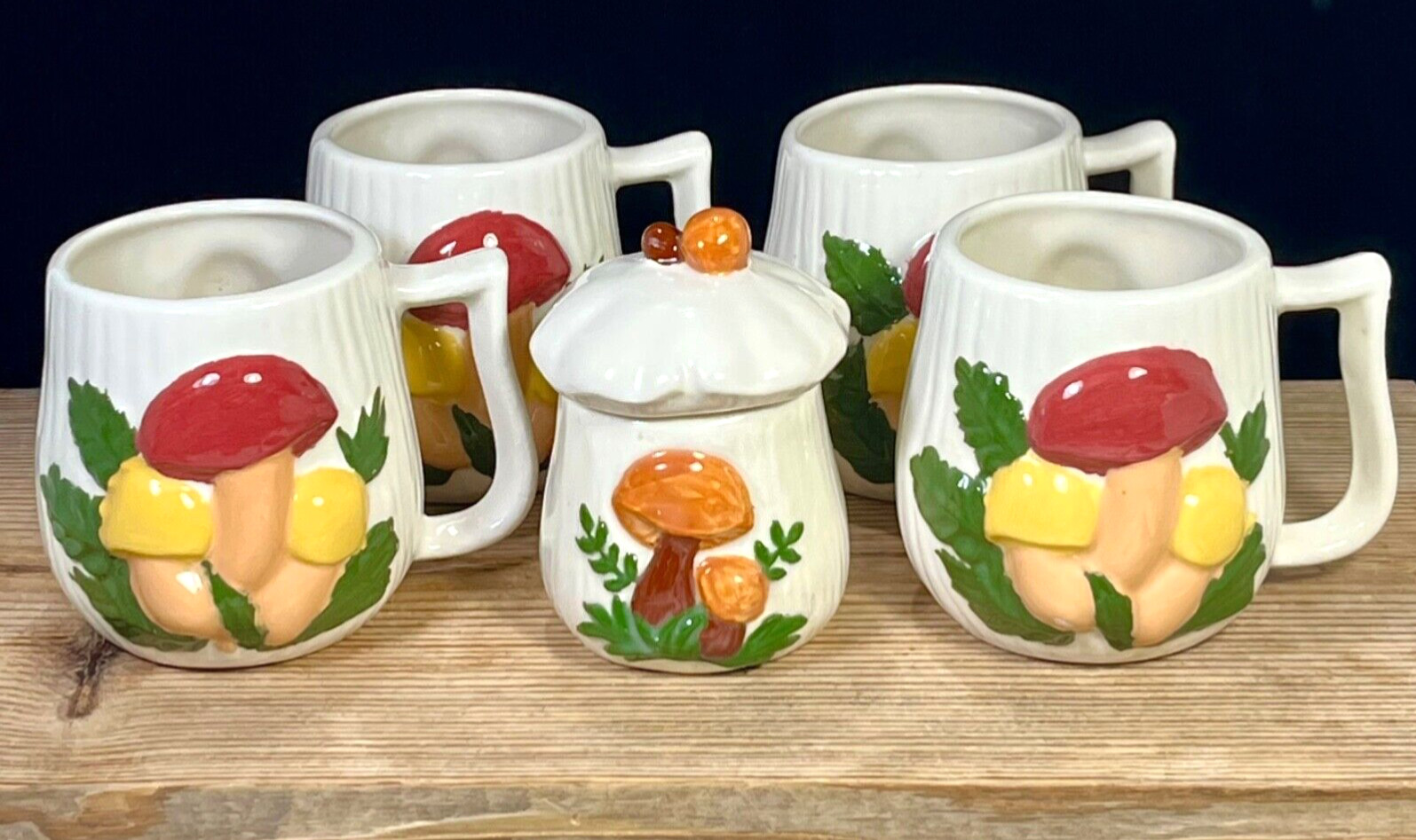 Vtg Arnel\'s Mushroom Coffee Mugs Cups Hand Painted 5 pc Retro 1970s