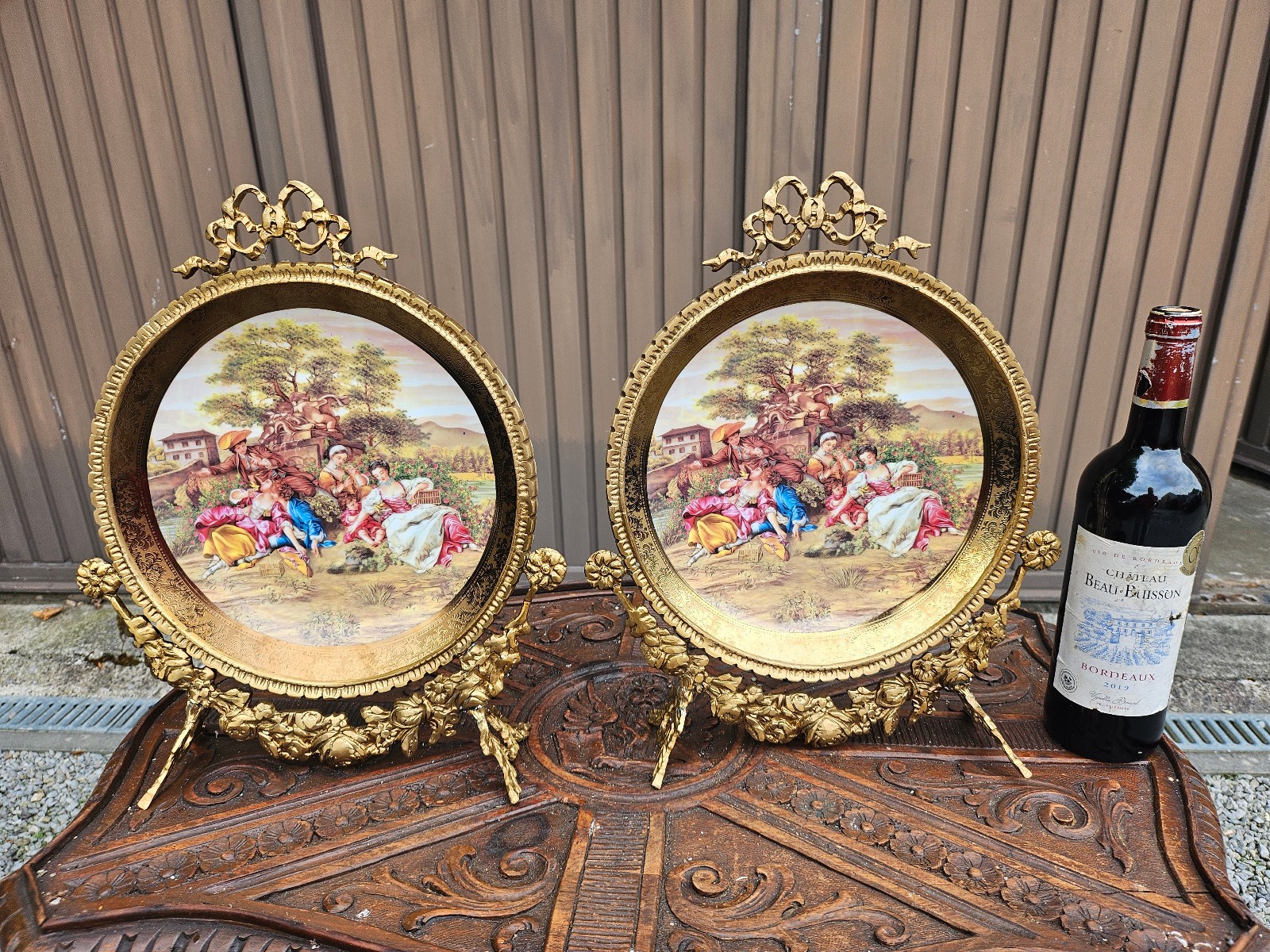 PAIR vintage louis XVI brass frame porcelain plates statues