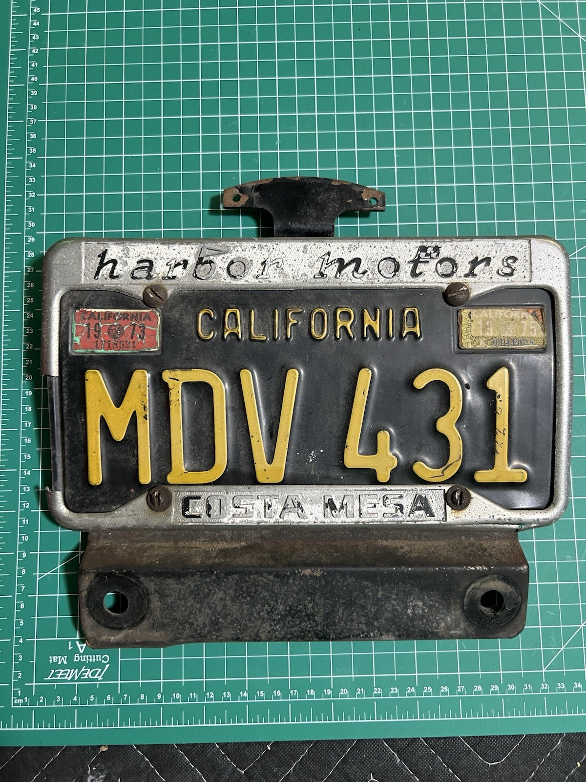Vintage 1965 California Black Plate MDV Harbor Motors Costa Mesa Frame Bracket