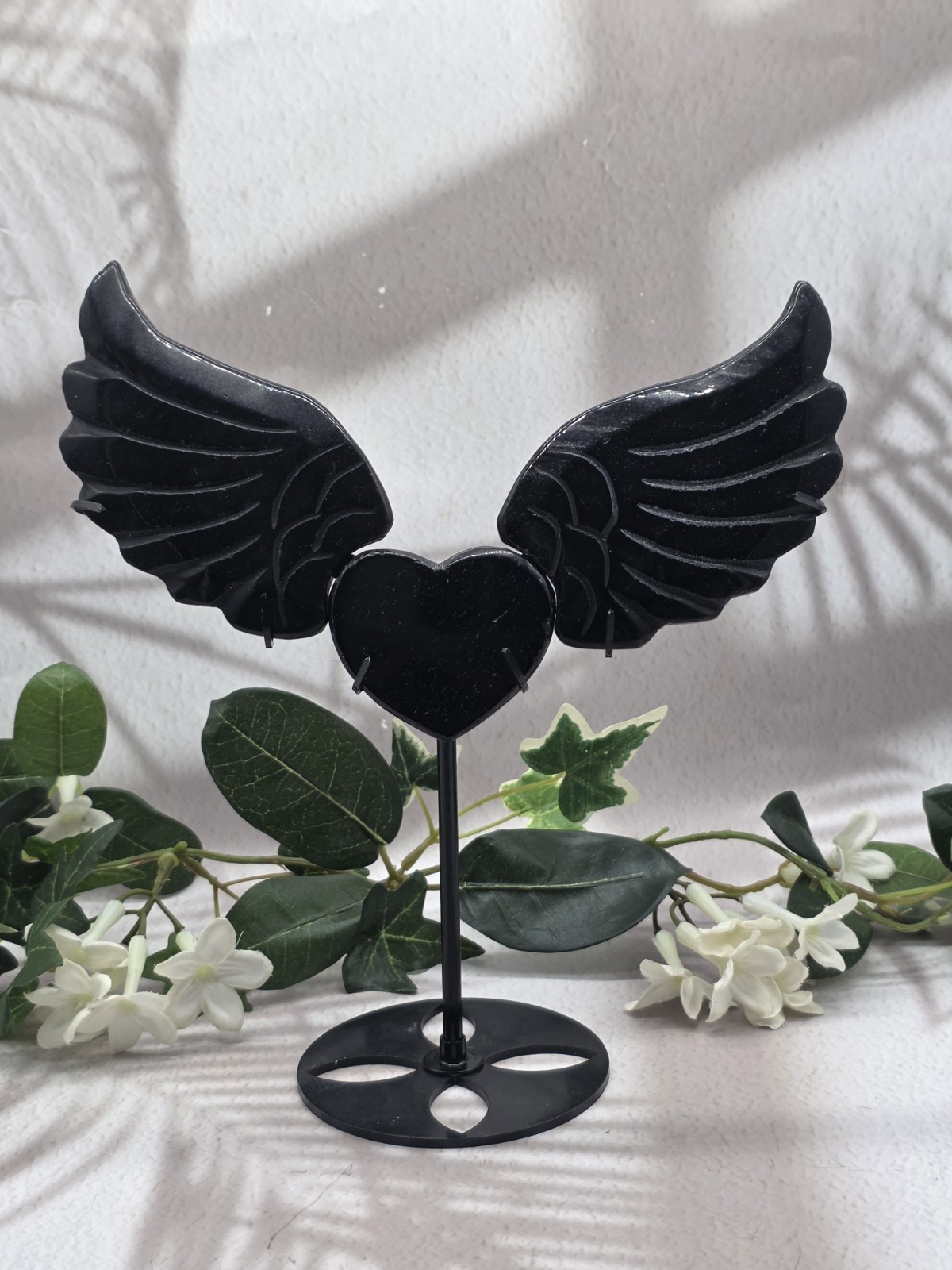 Black Obsidian Angel Wings Heart Carving on Adjustable Metal Stand Crystal Decor