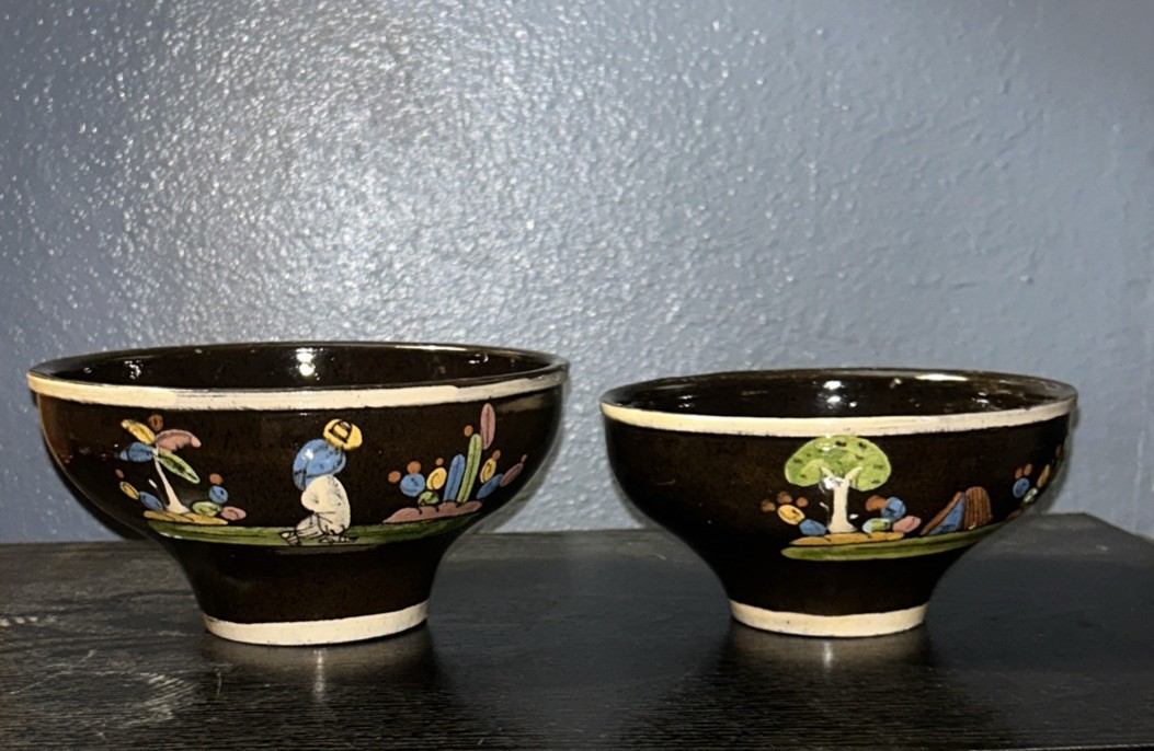 Vintage Mexican Folk Art Footed Bowls Set Hand Painted Panoramas