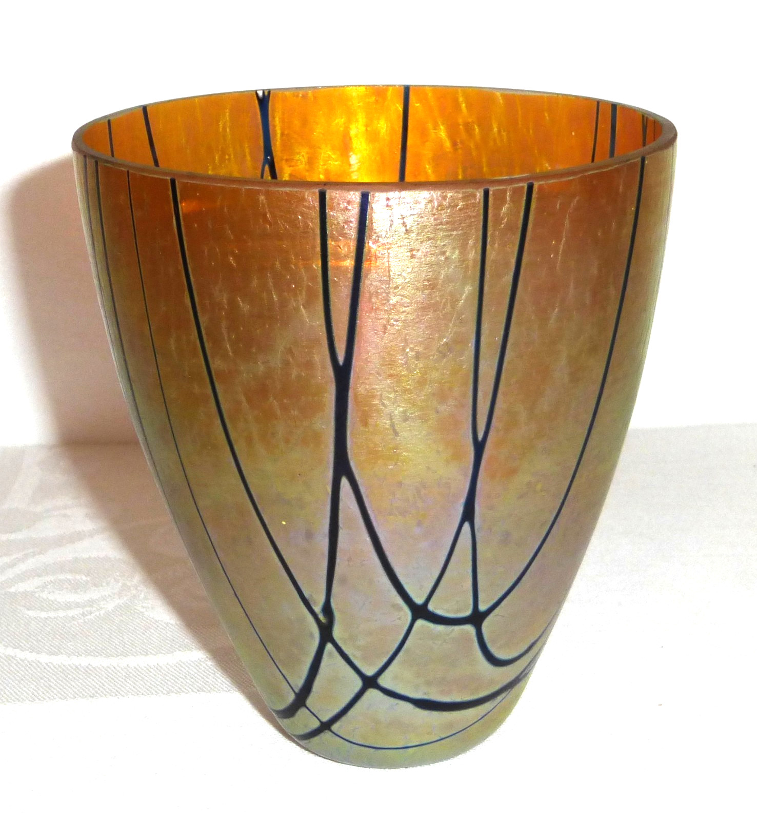 Vintage Blown Glass Gold Iridescent Purple veined Art Glass Vase 4-3/4\