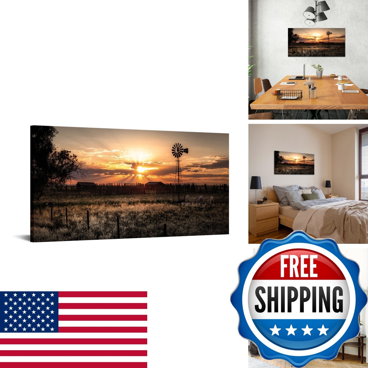 LevvArts Large Wall Art Rural Landscape Farmhouse Windmill Sunset Canvas Print
