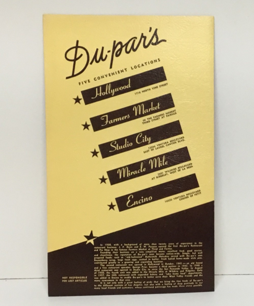 Du-par\'s Menu - Hollywood, Farmers Market, Studio City, Miracle Mile, Encino VTG