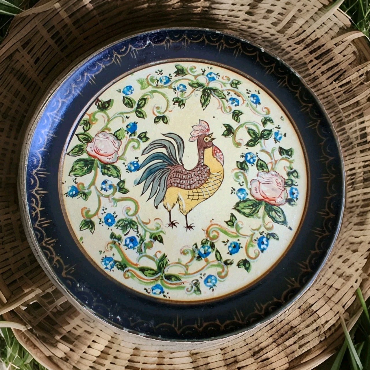 Vintage Japanese Hand Painted Rooster Floral Plate Tray Paper Mache 1950s Decor