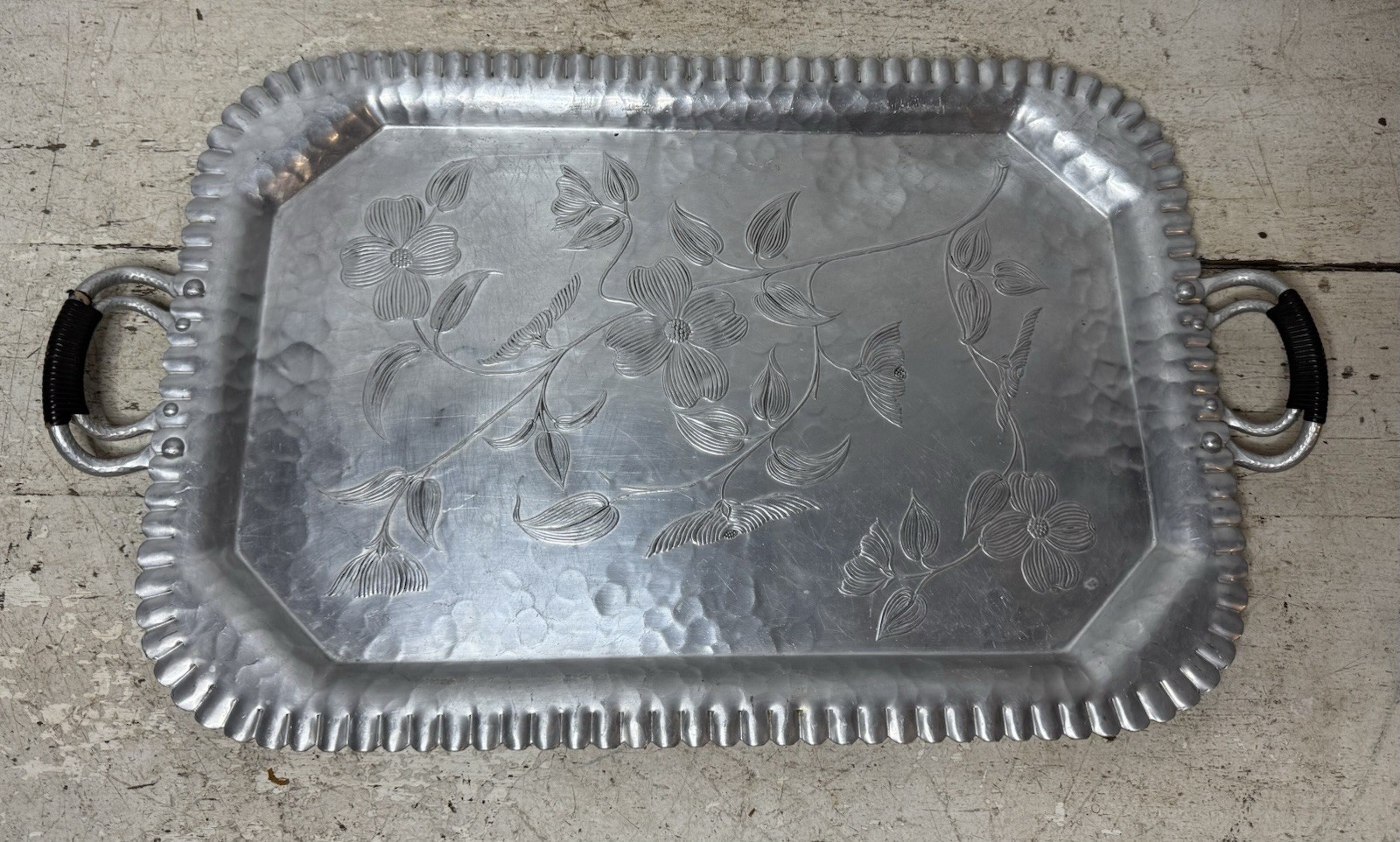 VTG Trade Continental Handwrought  Alluminum  Serving Tray With Handles Floral