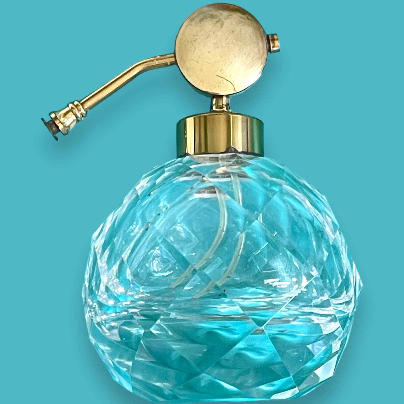 Vintage Perfume Bottle Hand Cut Irice Crystal Glass Round Brass Atomizer Nice