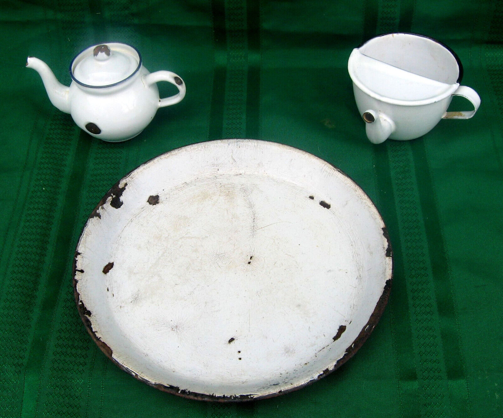 3 Pcs Antique Enamelware - Hospital Feeding Cup, One Serve Teapot + Blue Swirl