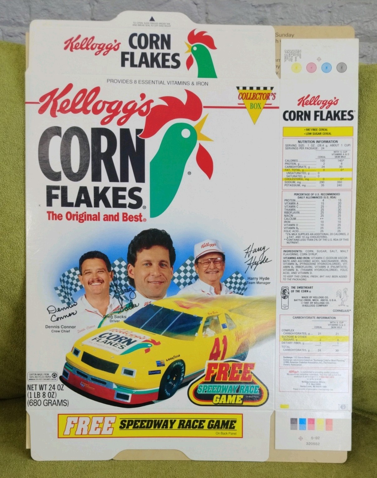 Vtg 1991 Kellogg's Corn Flakes Cereal Racing UNUSED FLAT FACTORY FOLD Greg Sacks Vtg 1991 Kellogg's Corn Flakes Cereal Racing UNUSED FLAT FACTORY FOLD Greg Sacks