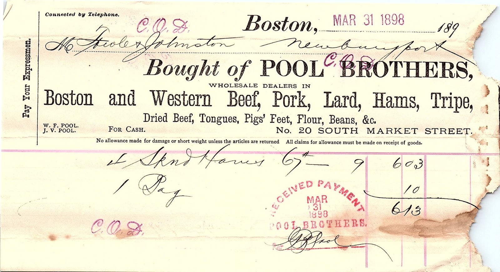 1898 Boston Pool & Brothers Meat Wholesaler Billhead