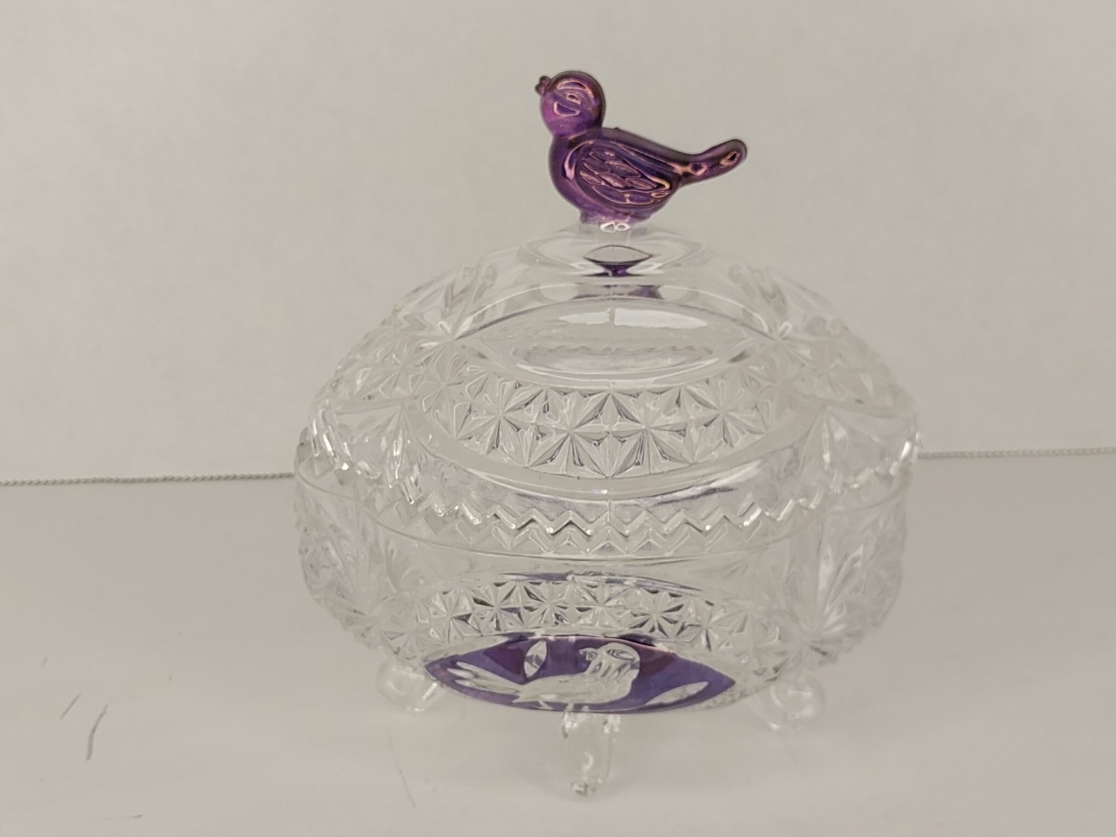 Rare Hofbaur Byrdes Purple Bird Crystal Pedestal Candy Dish W/ Lid Trinket Dish