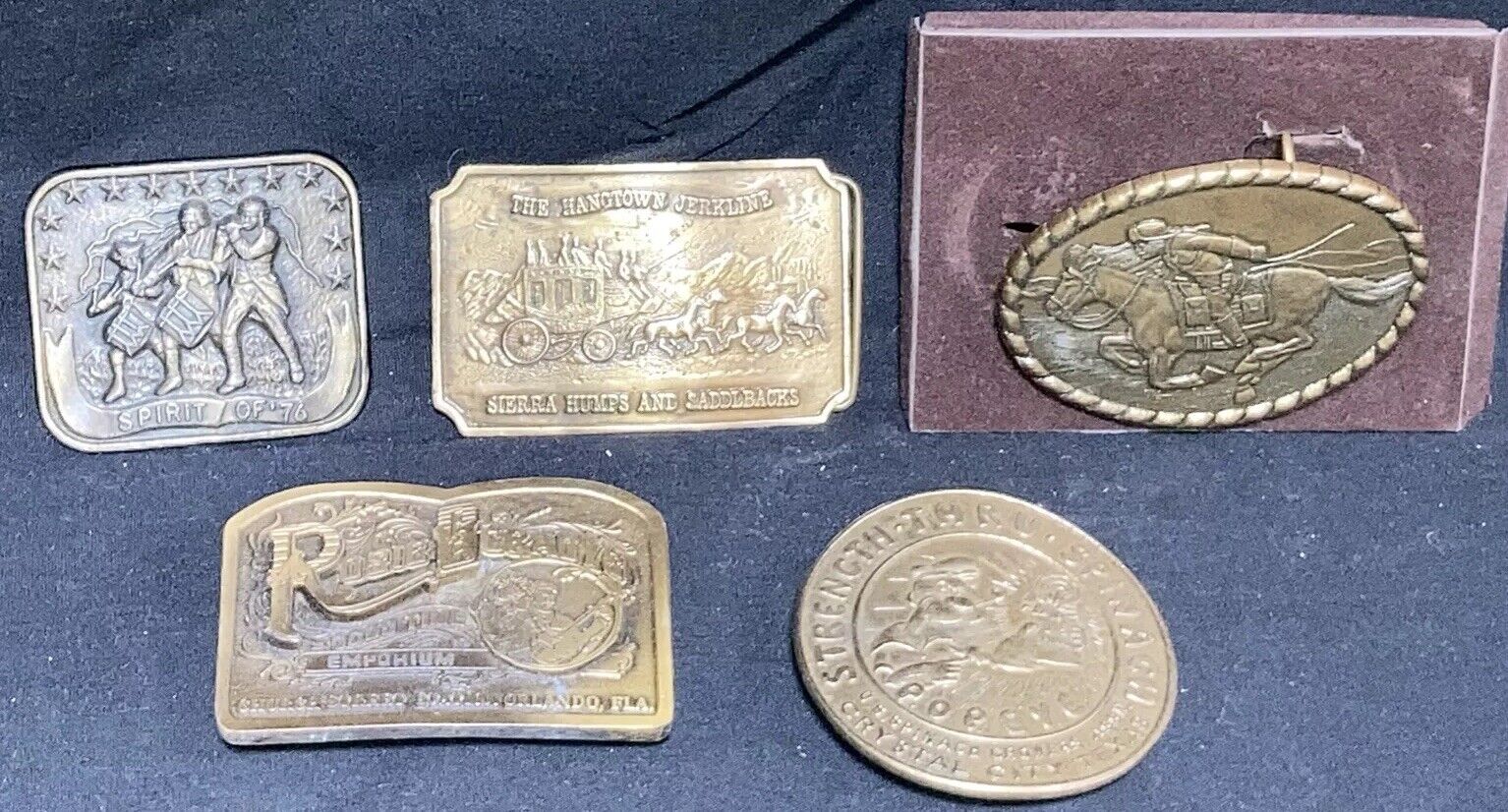 5x Excellent Belt Buckle Commemorative Lot:Pony Express,Rosie O’Gradys,Popeye,76