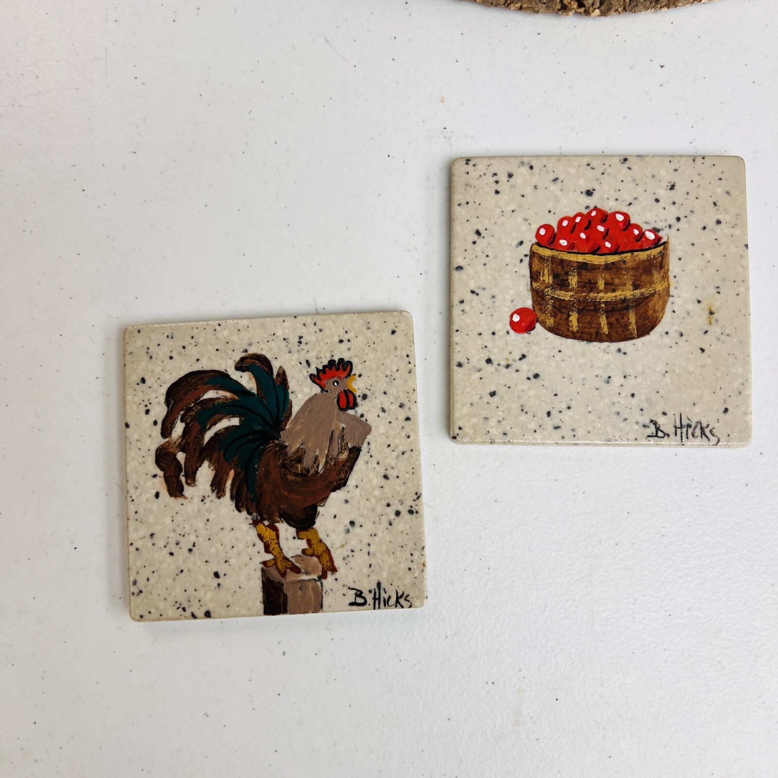 Hand Painting Ceramic Tiles by B. Hicks Apple & Rooster Set of 2