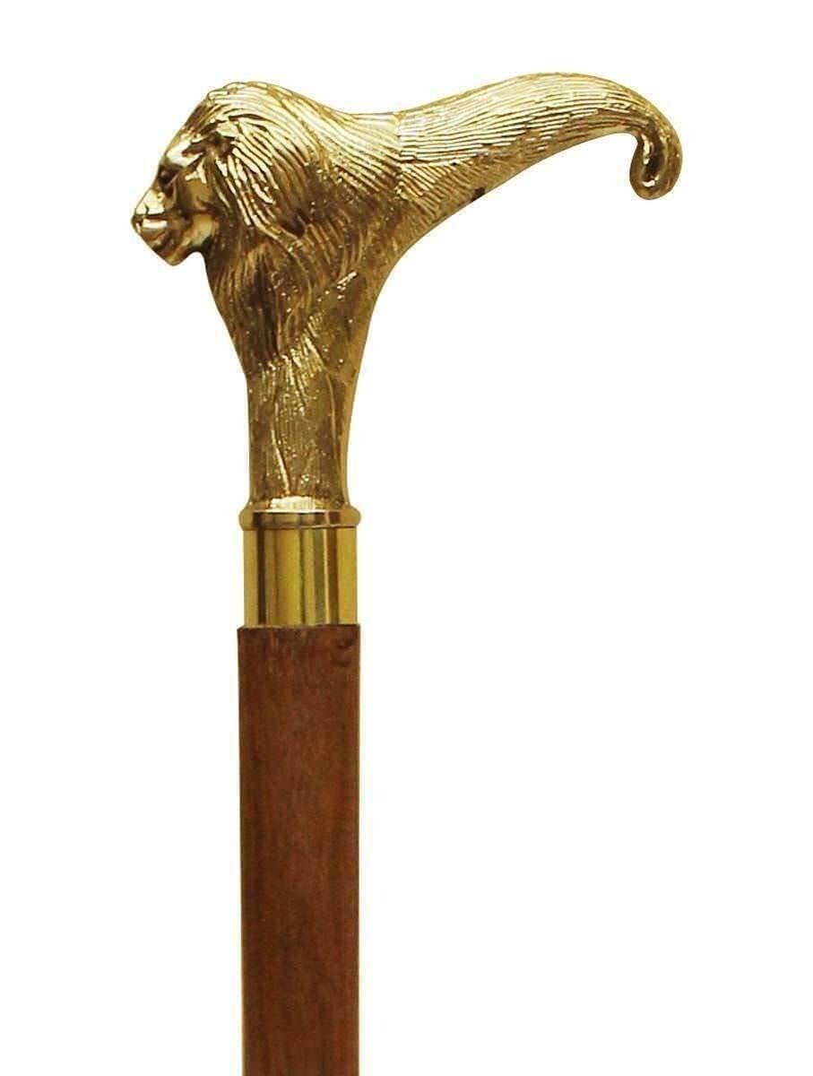 Solid Brass Lion Head Handle Vintage Style Walking Cane Wooden Stick