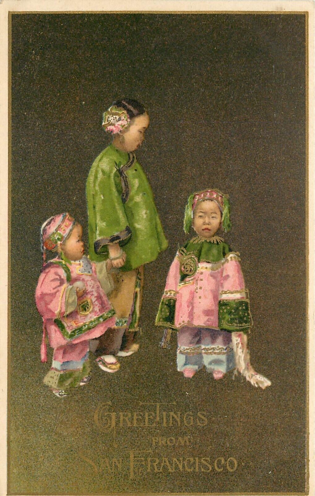 Behrendt Postcard Greetings San Francisco CA Chinese Children in Pink & Green