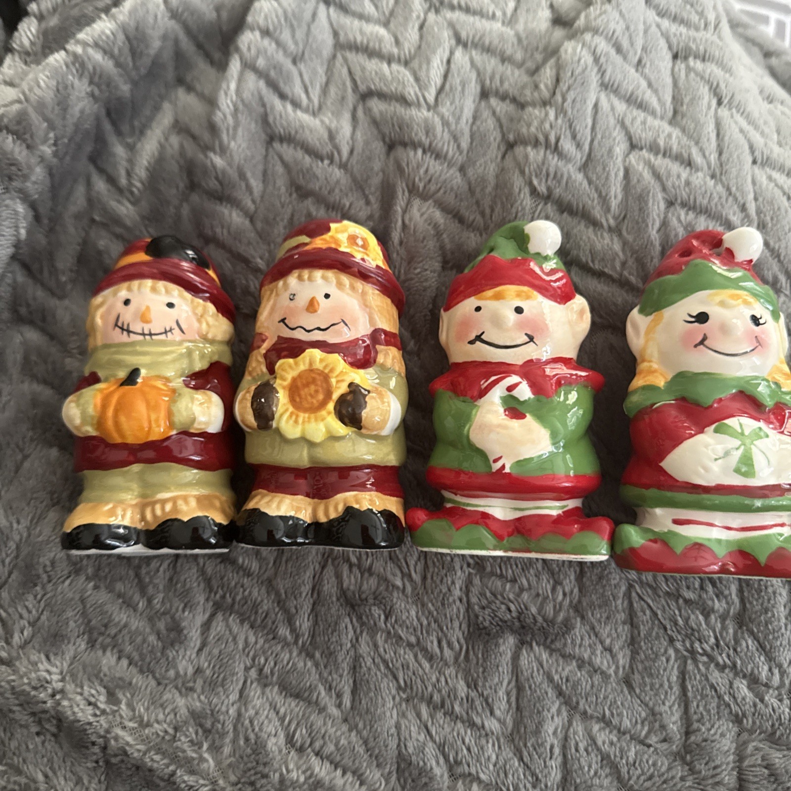 TWO SETS of Salt & Pepper Shakers. Scarecrows & Elf’s LIMITED ED Fall &Christmas
