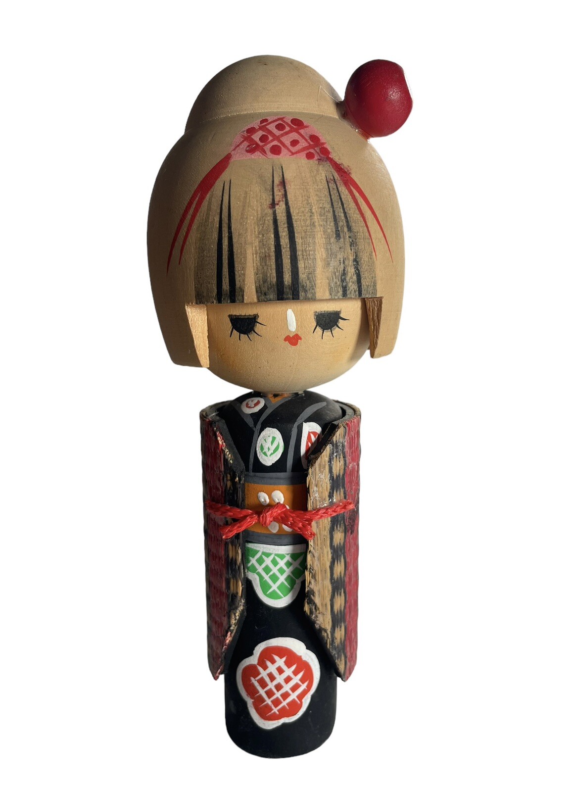 Vintage Kokeshi Doll Signed by Sogen Folk Art Red Kanzashi & Mino Coat 1970s