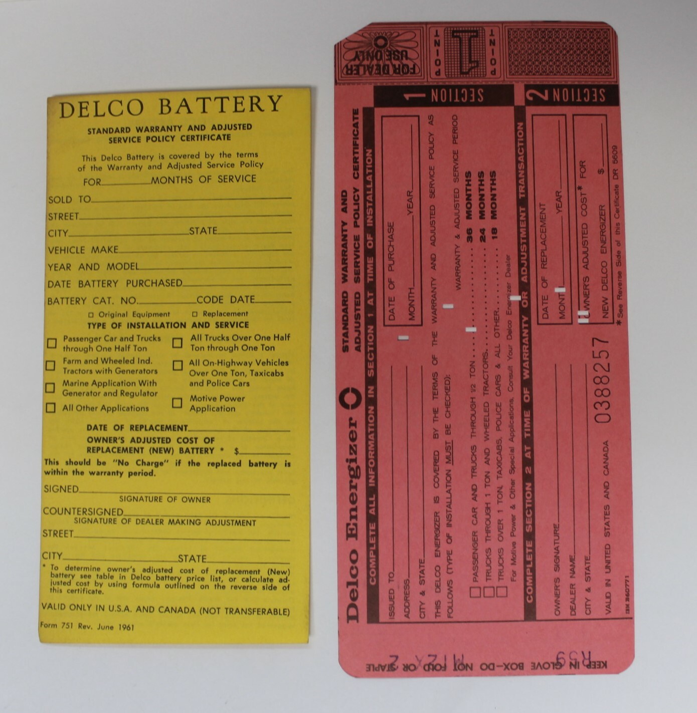 2 Vtg 1960s GM Delco Energizer Battery R59 Warranty Cards Glove Box Mancave (741