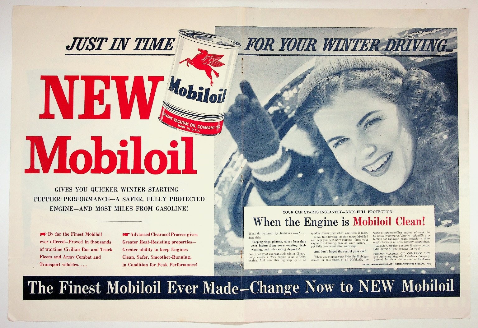 Vintage 1940s Mobiloil Advertisement Pegasus Winter Driving Car Oil Ad Ephemera