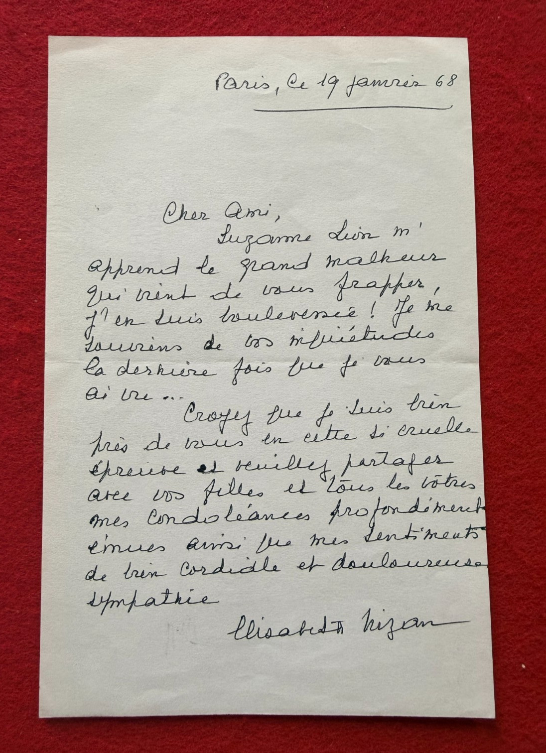 CP71-SIGNED AUTOGRAPH LETTER-ELISABETH NIZAN-CONDOLENCES-1968