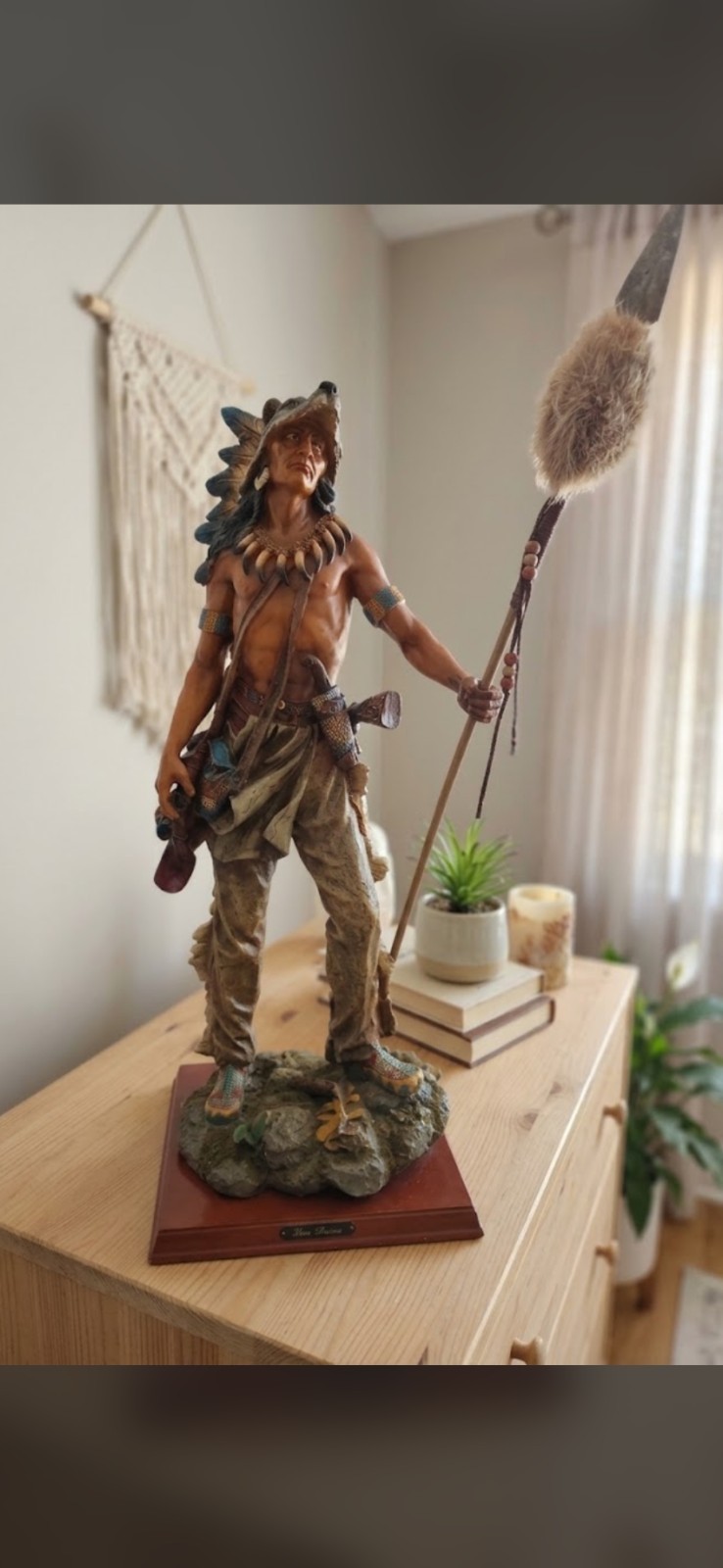 Vintage Native American Indian Warrior Figurine Wolf Headdress Spear Statue Wood