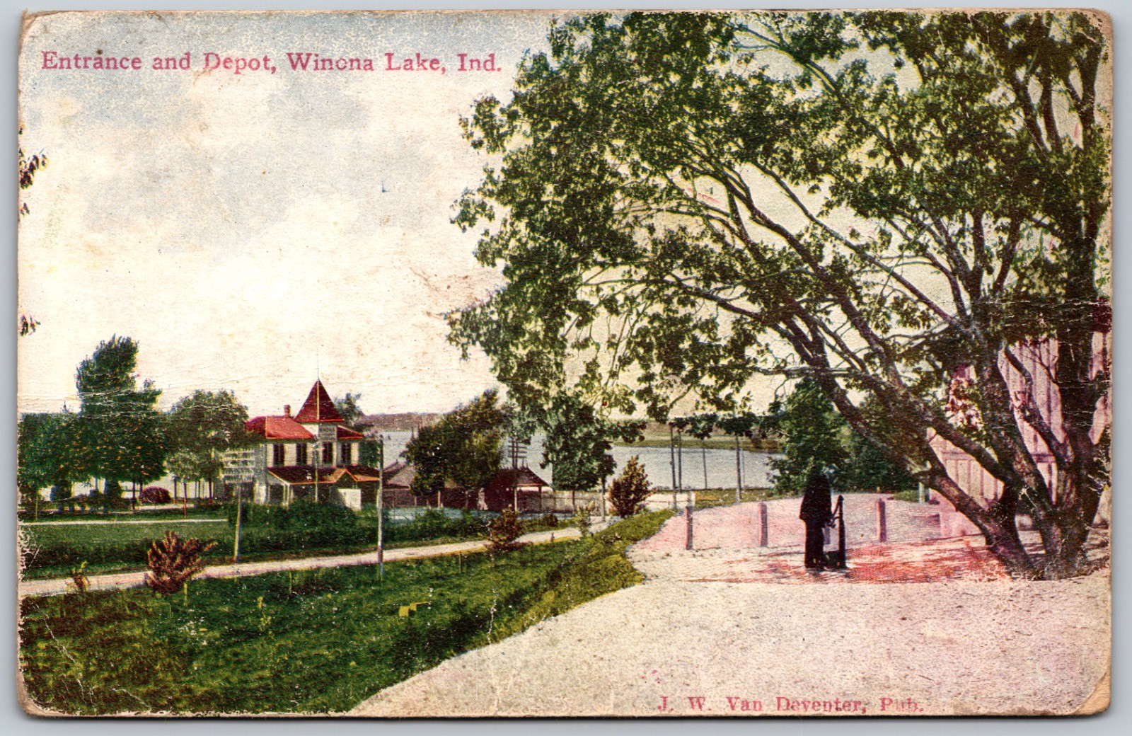 1913 Entrance Depot Winona Lake Indiana \'Automobile Riding\' MSG ANTIQUE Postcard