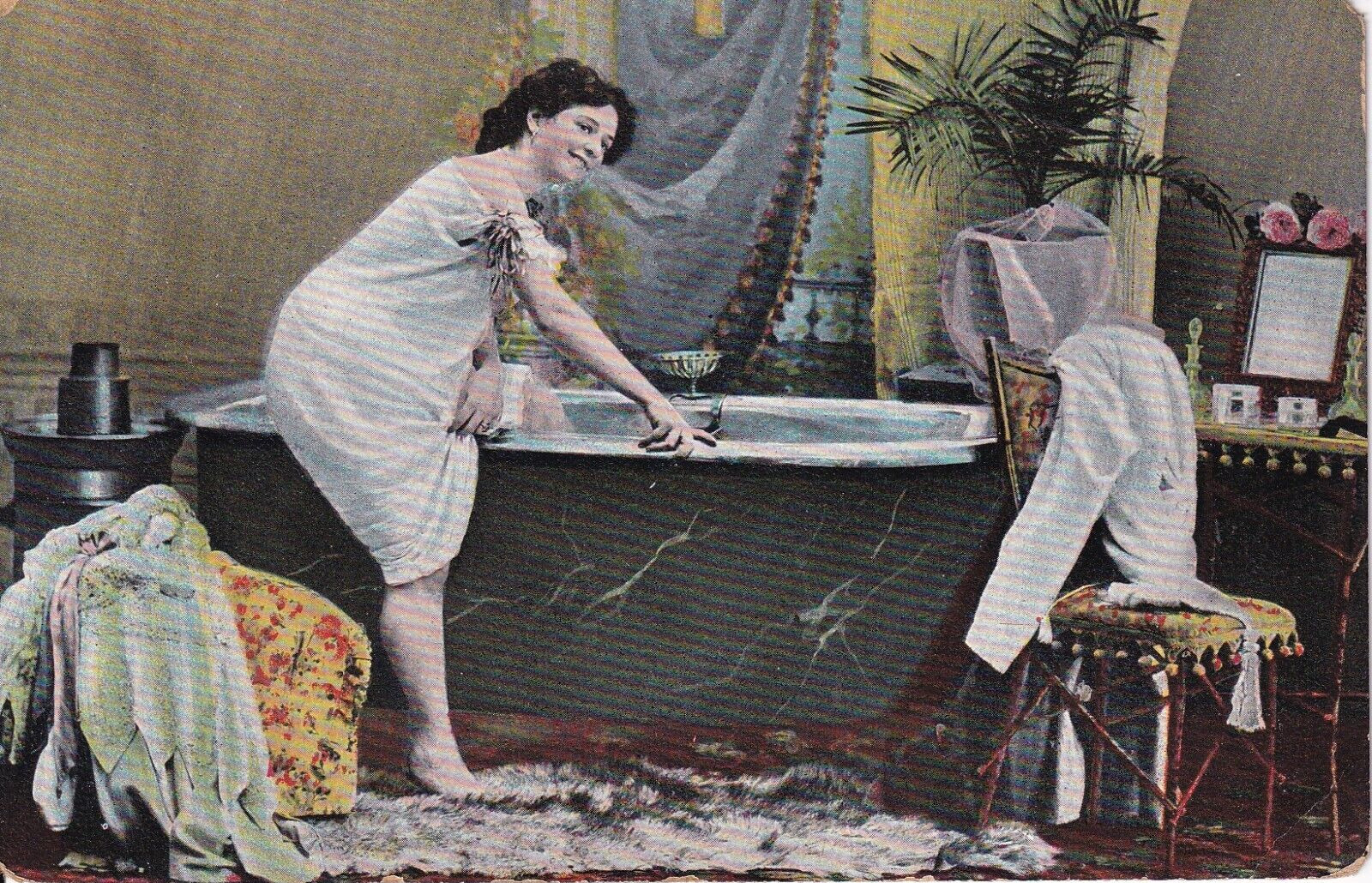 Vintage Pretty Woman Stepping Into A Bathtub For A Soak Early 1900's Postcard