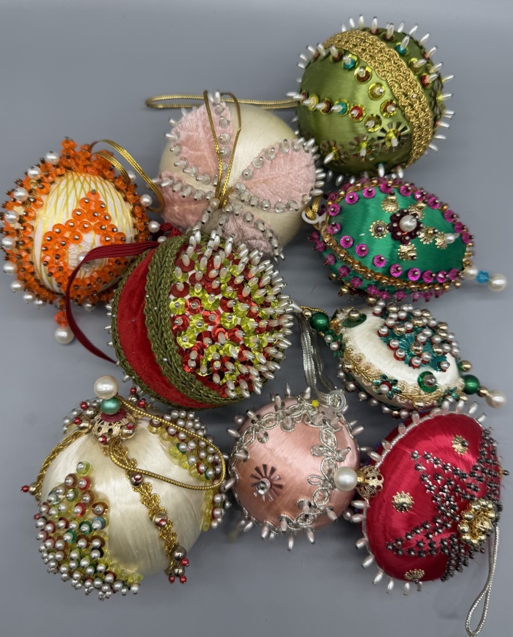 Vtg Beaded Push Pin Sequin Satin Christmas Ornament Lot 9 Ornaments MCM Retro