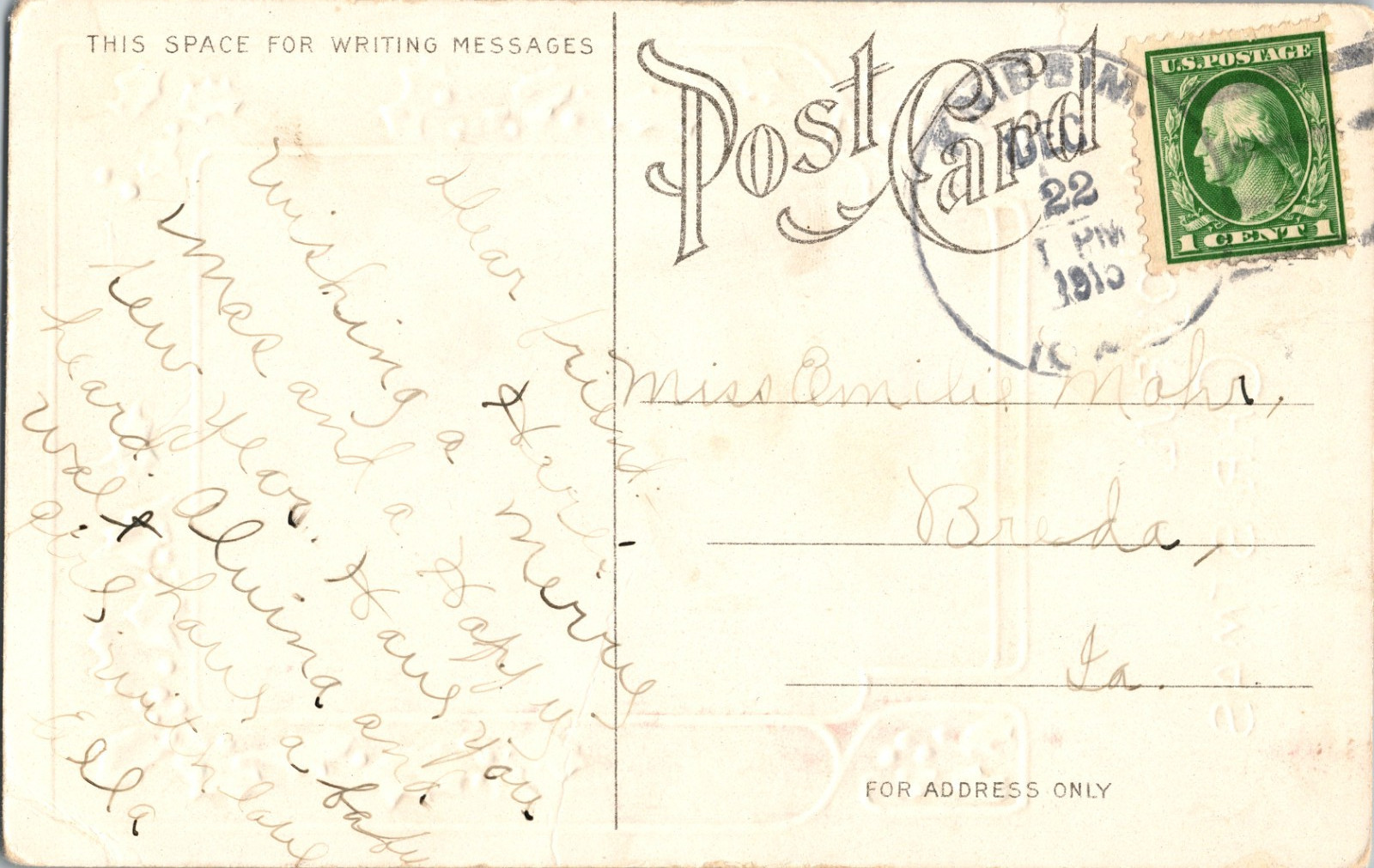 1913 Knierim Iowa Postmark Calhoun County IA Christmas Postcard 1c Franklin