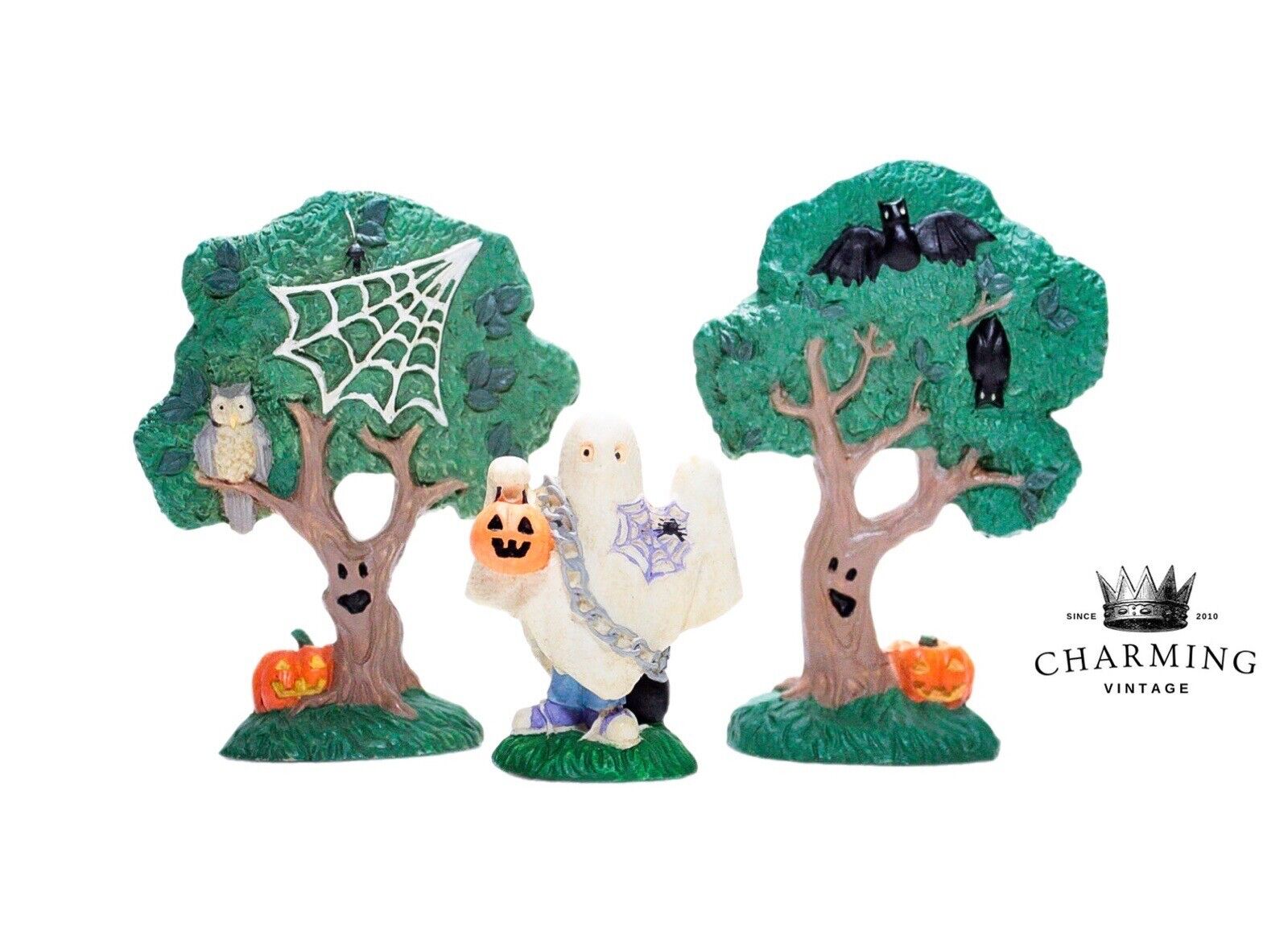 3 Vintage MIDWEST IMPORTS Creepy Trees & Ghost Costume Halloween Figurines