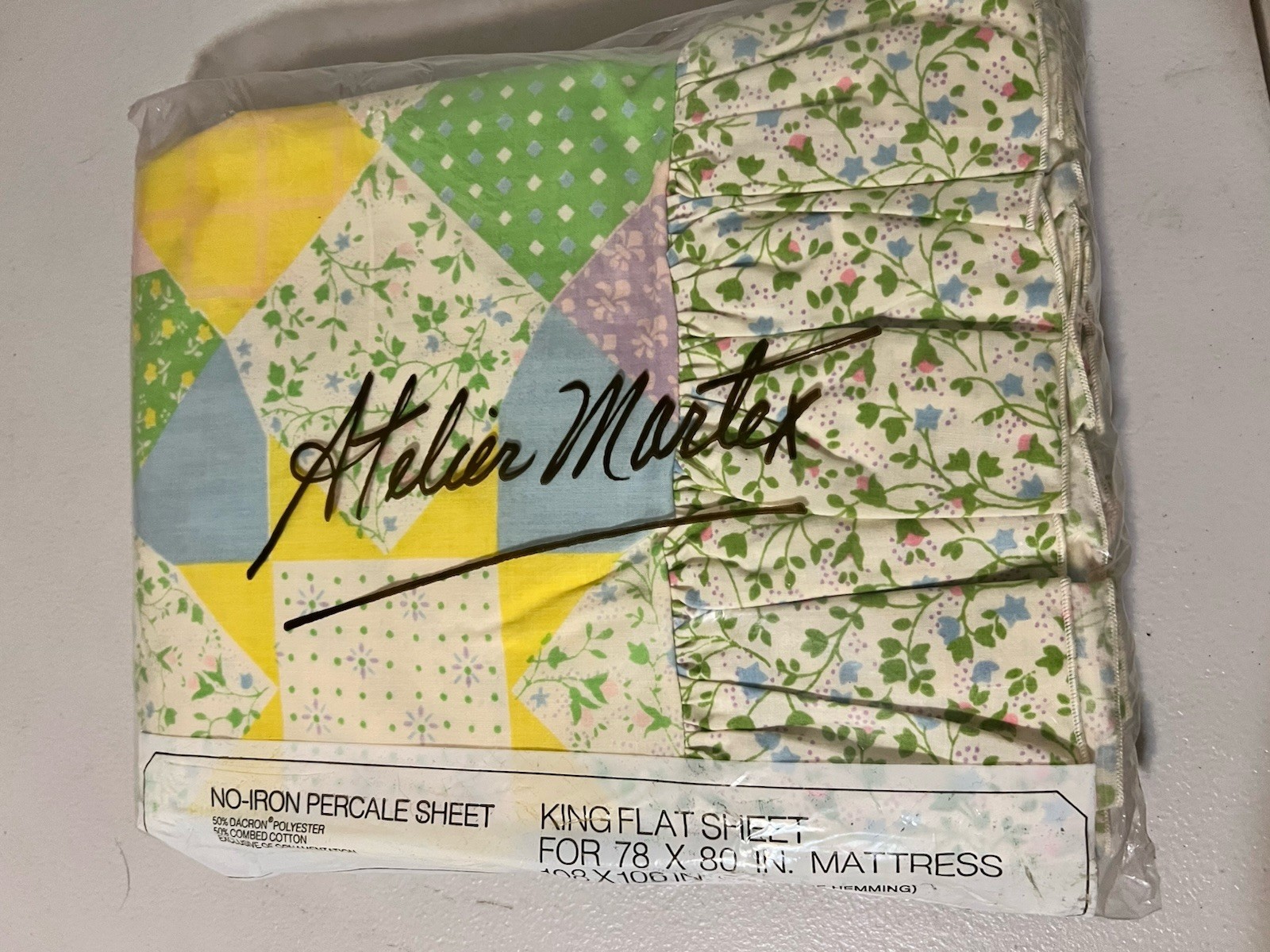 Vintage Atelier Martex Pastel Patchwork Floral King Flat Sheet Percale NOS