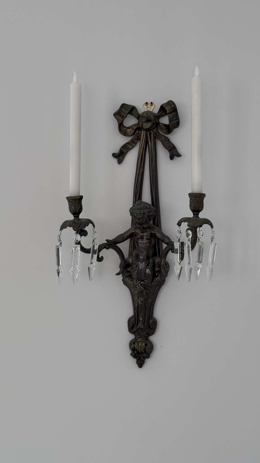 Nice Pair (2)Cherub Metal Candelabra Sconces W Bows C1940s French 22” X 12” X 6”