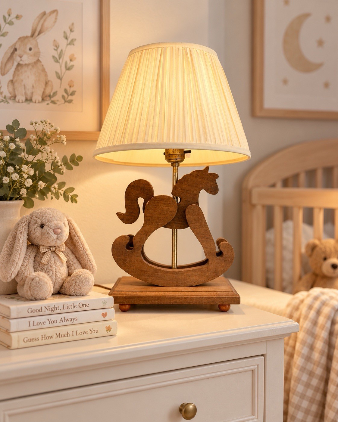 Vintage Wooden Rocking Horse Table Lamp Nursery Kids Room Decor 17” Tall