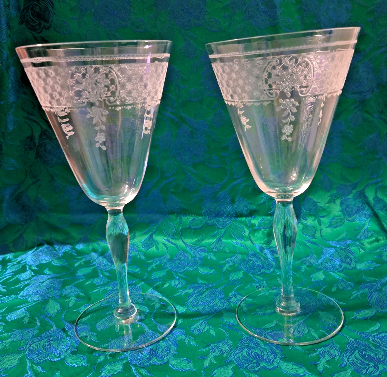 2 Fostoria Washington Etch # 266 Water Goblets 7.5 2 Fostoria Washington Etch # 266 Water Goblets 7.5